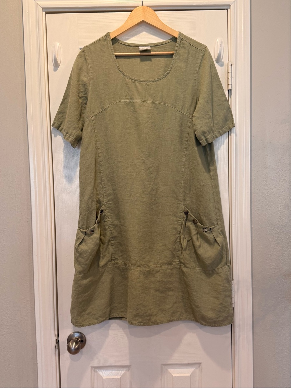 Click By Color Me Linen Dress Women’s Med Green Pockets Relaxed Lagenlook Beach